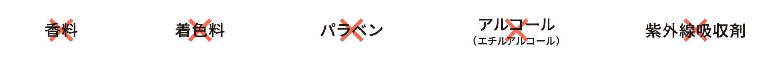 ✕香料 ✕着色料 ✕パラベン ✕アルコール（エチルアルコール） ✕紫外線吸収剤